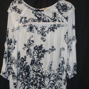 Navy and White Flower Top with Lace Trim